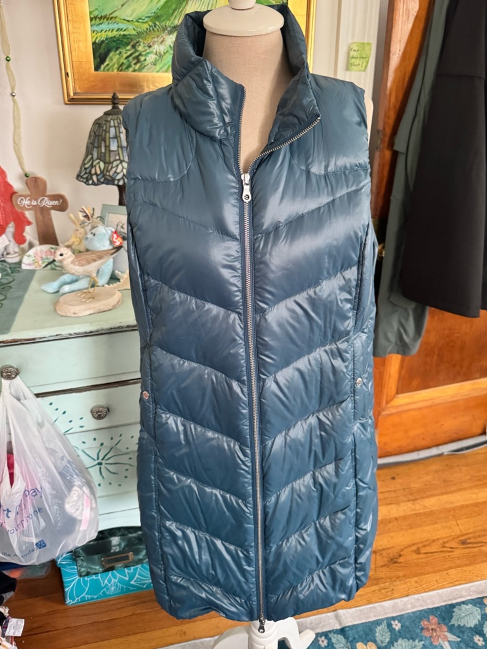 COATOLOGY Long Quilted Down Puffer Vest Teal Blue L Pockets Fall Spring VGUC